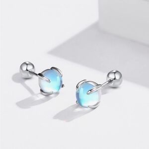 925 Sterling Silver Rainbow Moonstone Stud Screw Back Earrings